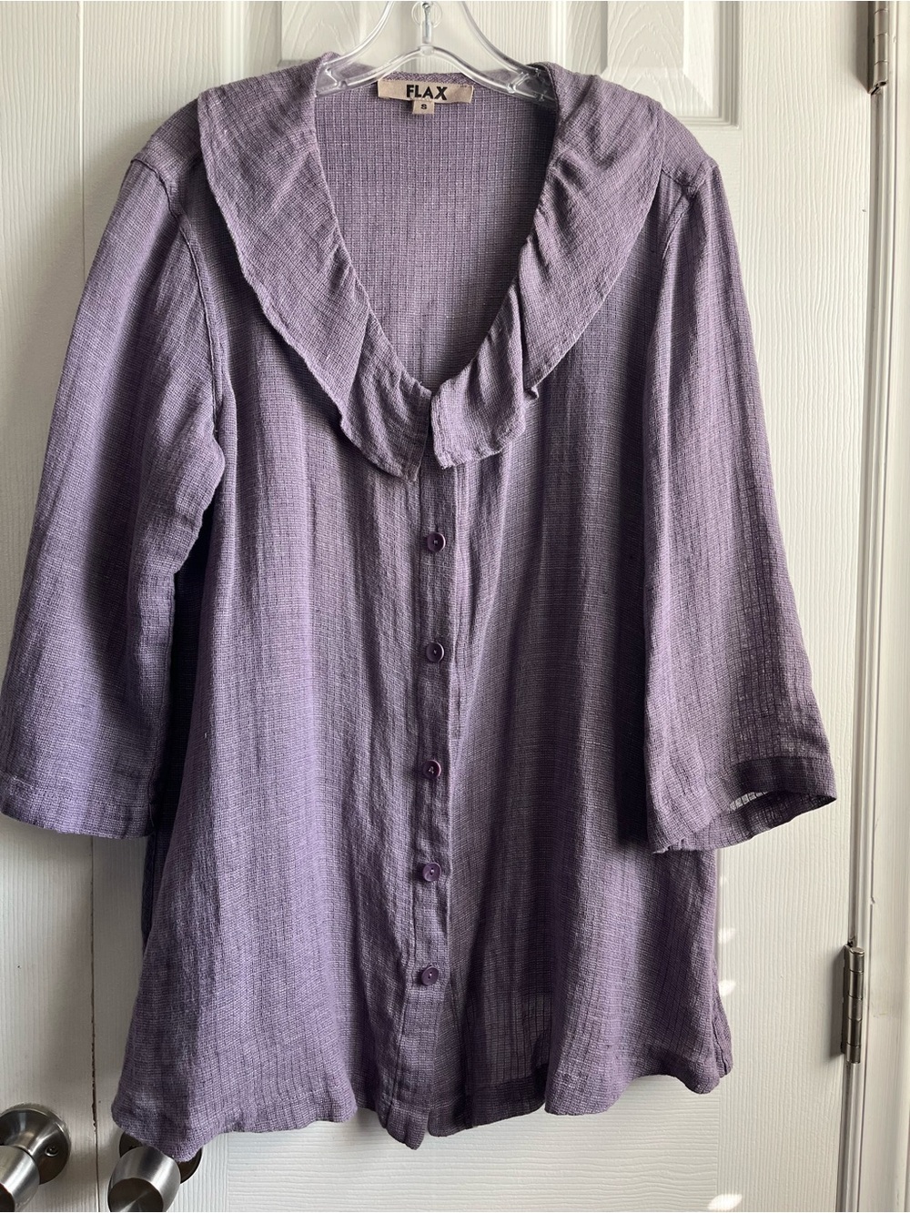 FLAX lavender button-down shirt ruffled collar 3/4 length sleeves size small